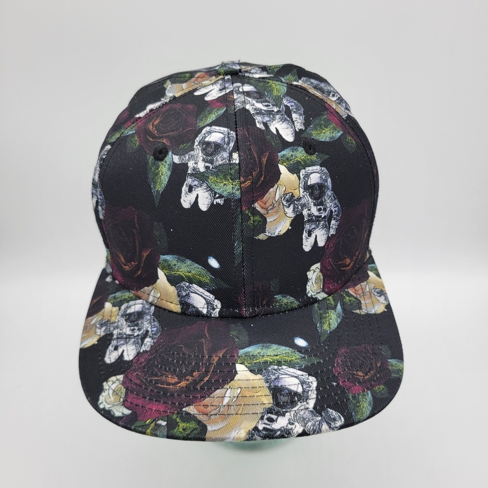 Oddities 3000 Astronaut Rose Floral Snapback Hat Black Flat Brim Cap OSFA AOP